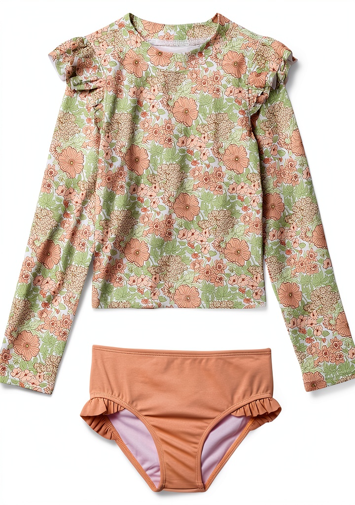 Janie and Jack girls floral rashguard swimsuit in pink on a beach background
