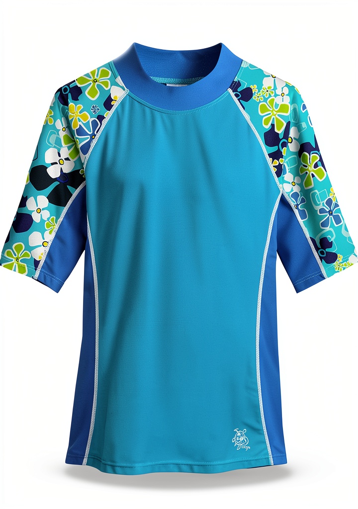 Tuga girls rashguard in Ocean color on a sandy beach