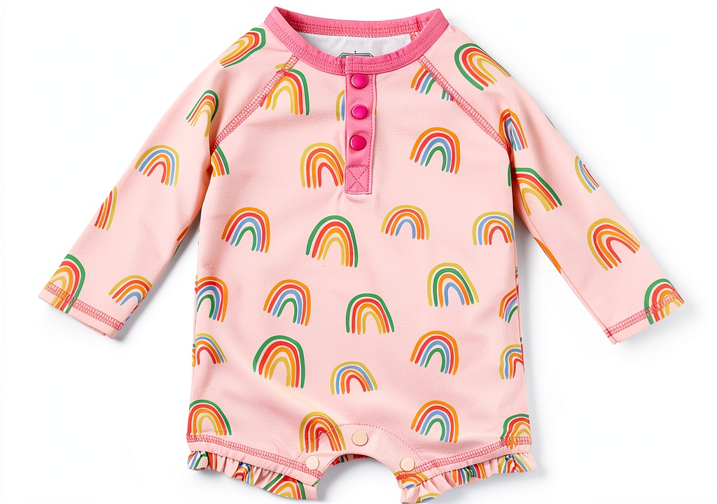Mud Pie rainbow baby rash guard one-piece on a infant at the beach