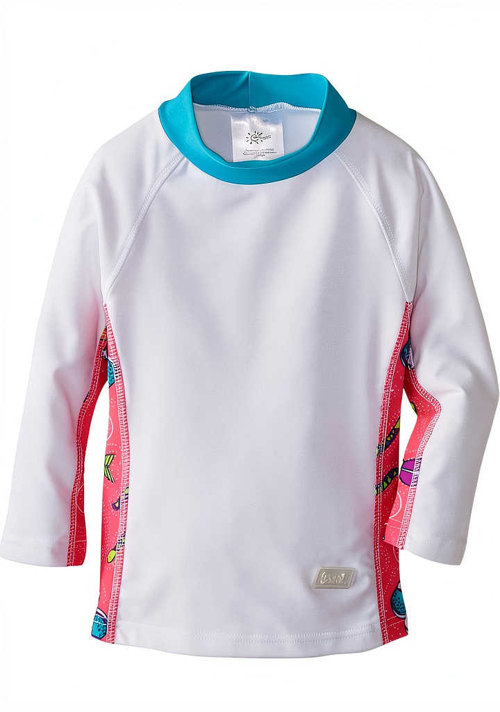 Baby Banz UPF 50 Rash Guard shirt laid out on a wooden beach towel with a sun hat beside it