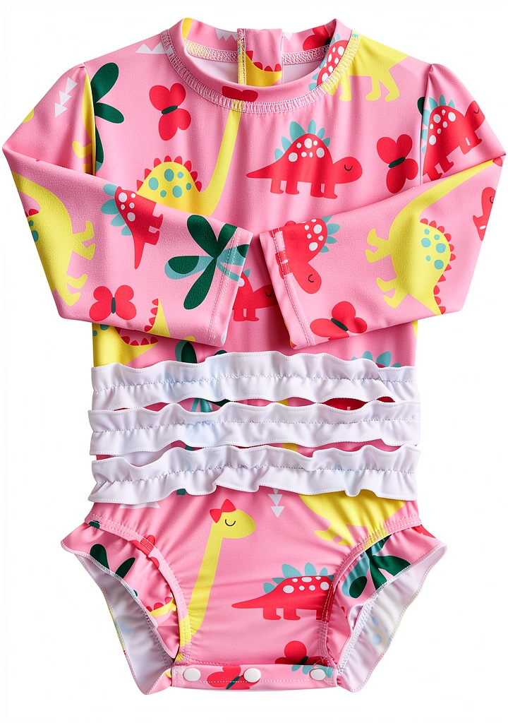 Baby girl wearing the rash guard swimsuit at the beach