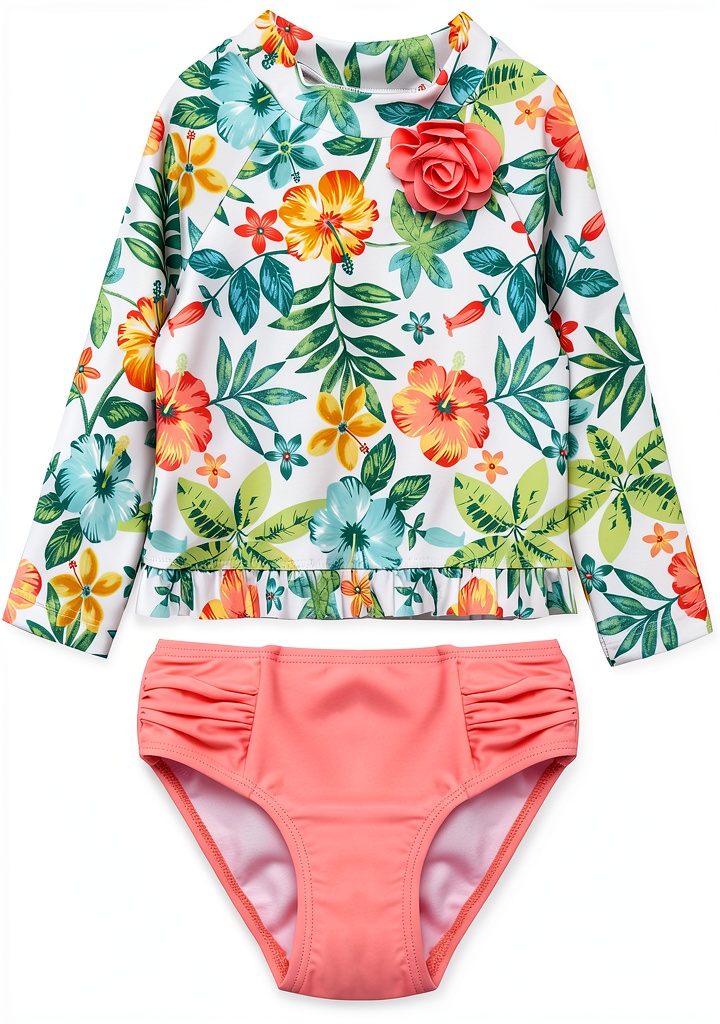 Little Me baby girls rash guard set laid out on a beach towel with a toddler reaching for a sandcastle